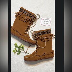 Brown Suede Moccasins with Fringe and Lace-Up Design